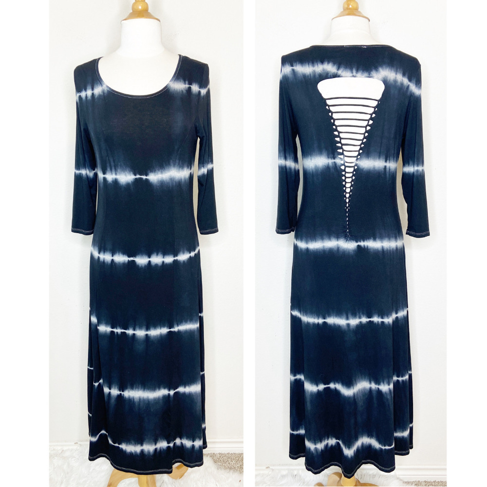 Basil and Lola Black and White Tie Dye Striped Shredded Macrame Back Dress Sz M